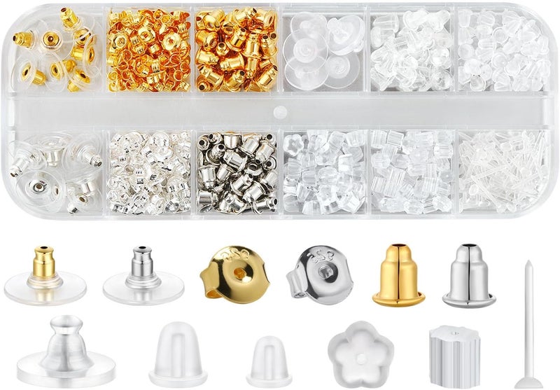 Formulen 12 Styles 600 Pcs Earring Backs for Studs, Clear Plastic Earrings Hypoallergenic Metal Rubber Silicone Earring Backs Bullet Clutch Stoppers Replacement Kits for Fish Hook Earring Studs Hoops - Image 1